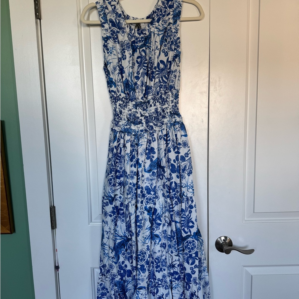Anthropologie Floral Blue and White Sleeveless Dress